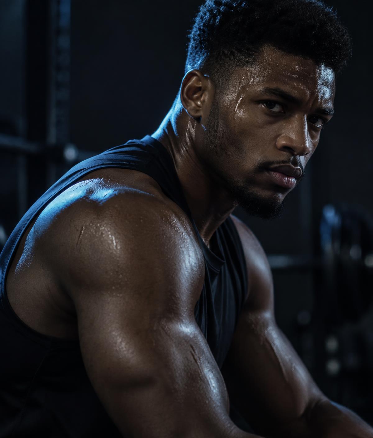 A professional athlete in a dark training facility, lit by a single cool rim light