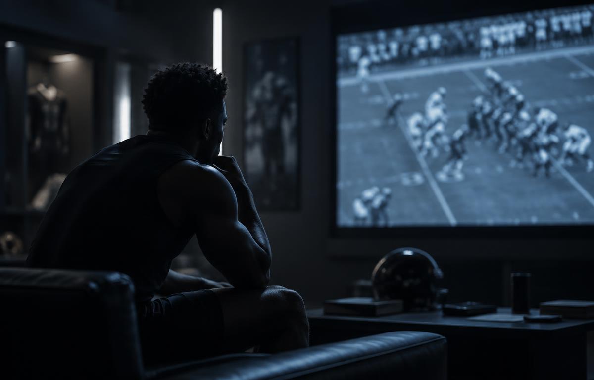 An athlete studying video in a dim analysis room